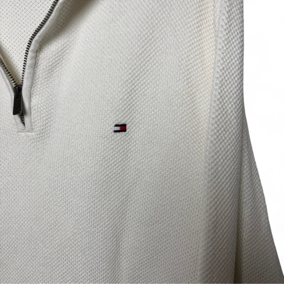 Tommy Hilfiger XXL White Quarter Zip Sweater Waffle Knit Red Blue Trim - Picture 2 of 7